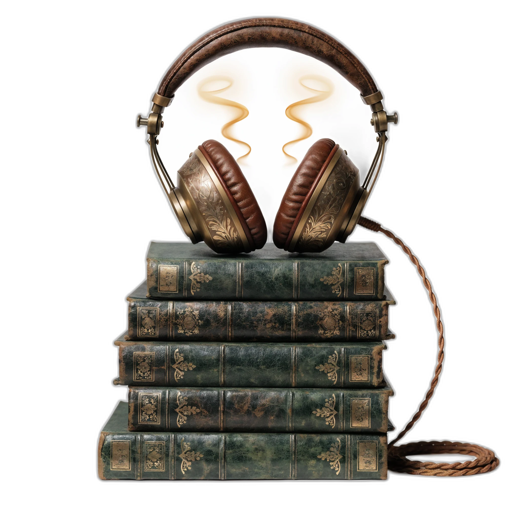 Auriculares vintage dorados sobre stack de 6 ebooks con ondas doradas